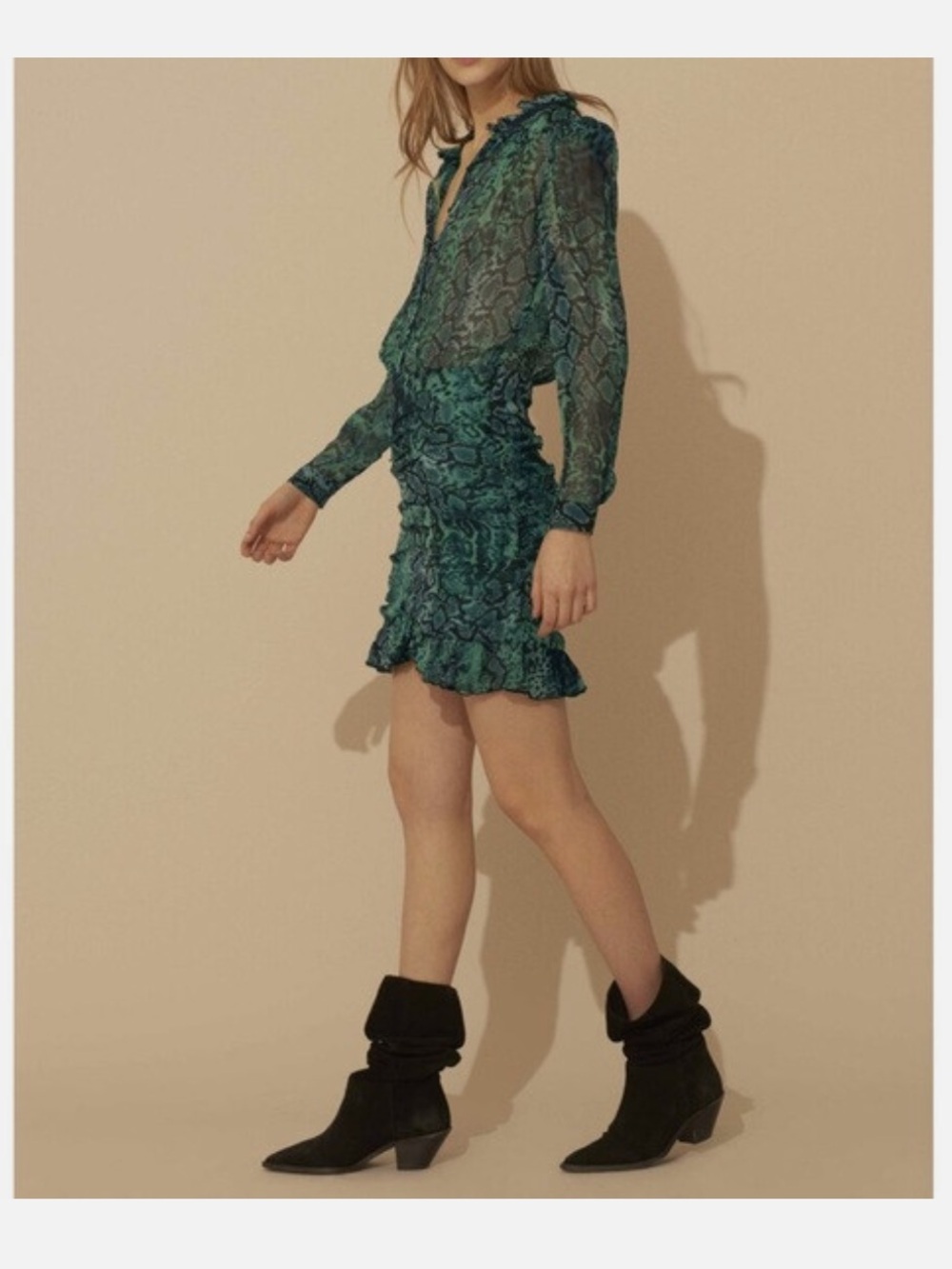 ba&sh Green Snake Print Sheer Rakel Long Sleeve Mini Dress